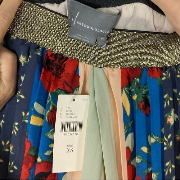 New Anthropologie Pant XS Floral Colorblock Pleated Wide PullUp Gold Waist Lined - Picture 4 of 15